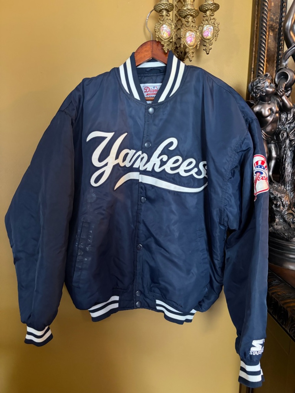 STARTER Navy & White Yankees Script Bomber Jacket